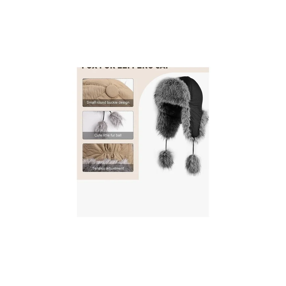 Womens Faux Fur Trapper Hat Black Grey Aviator Ushanka Winter Ear Flap Pom Pom